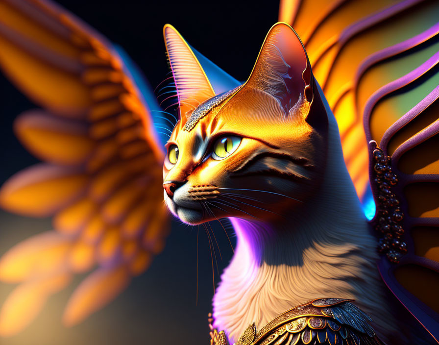 Stylized digital artwork: Golden fur cat with butterfly wings