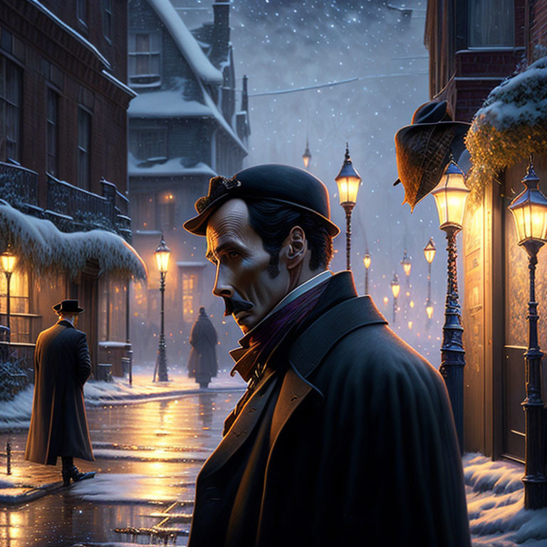 Man in Overcoat and Hat on Snowy Victorian Street at Night