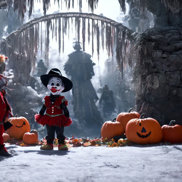 Child in clown costume surrounded by pumpkins in spooky foggy setting with skeletons and bridge