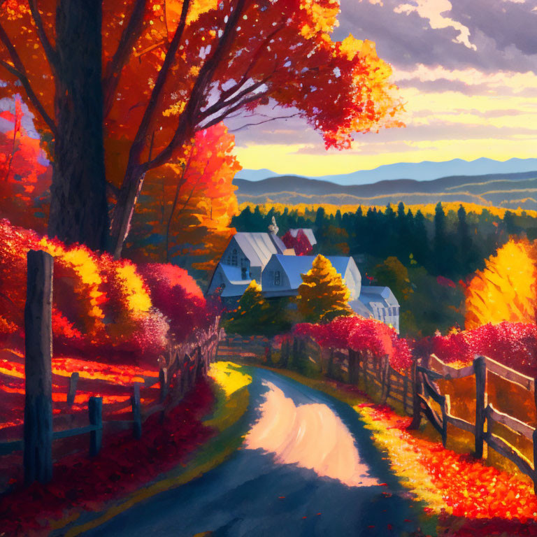 Colorful Autumn Scene: Winding Road to Cozy Cottage amid Foliage