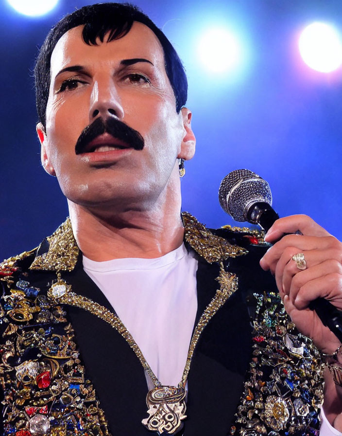 Performer with Mustache in Bedazzled Jacket on Stage