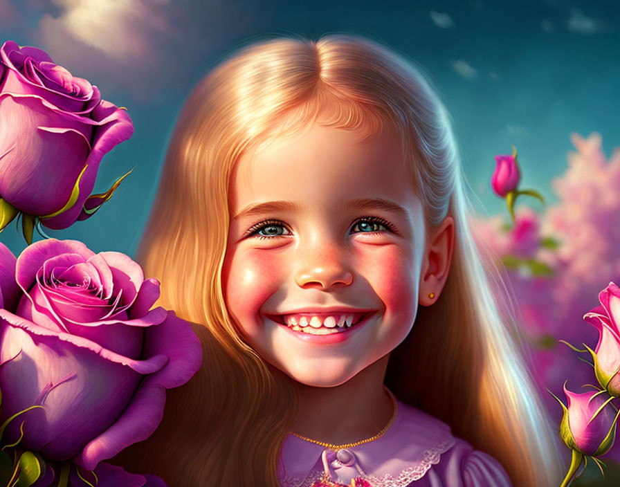 Blond-Haired Girl Surrounded by Purple Roses in Vibrant Illustrative Style