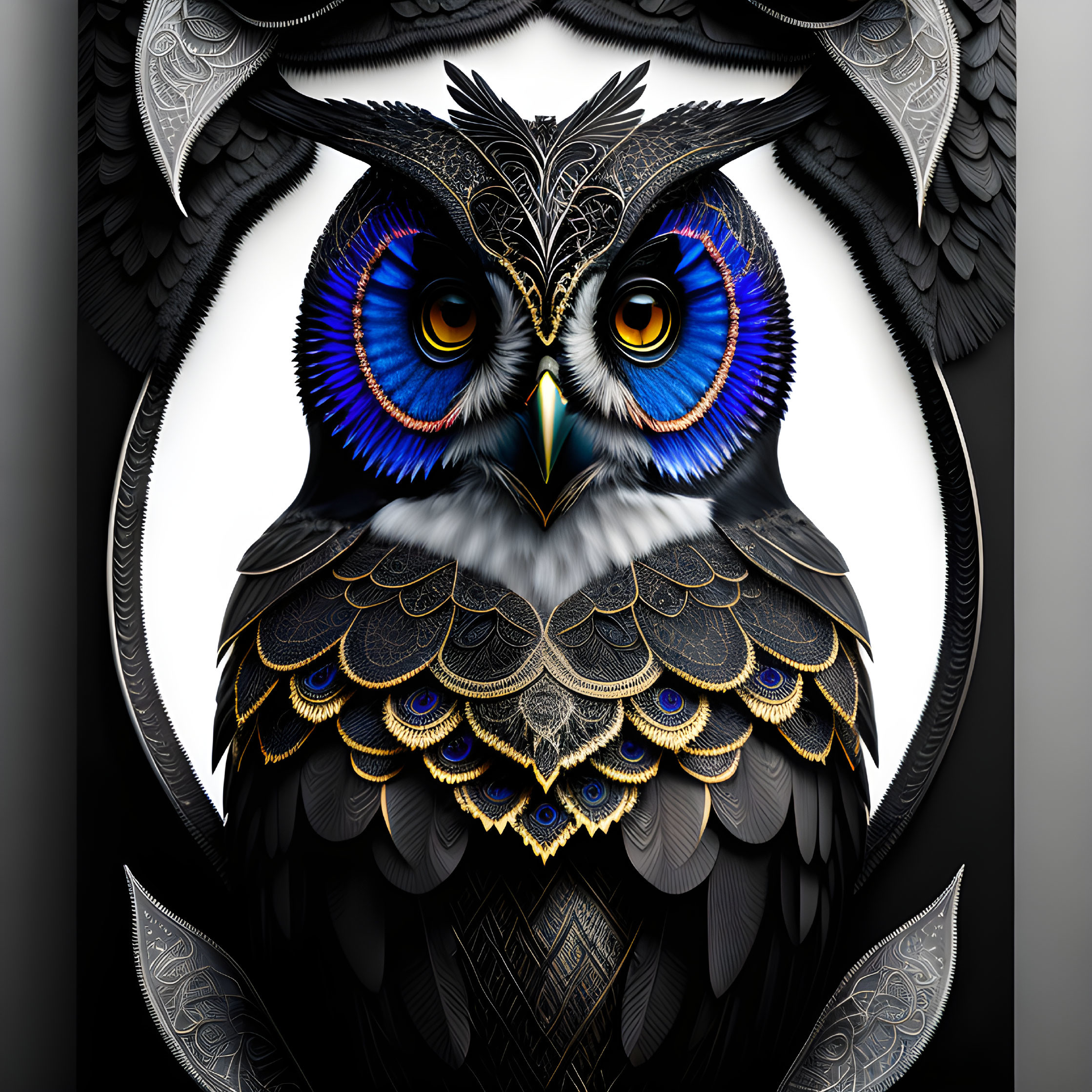 Detailed Digital Illustration of Owl with Vibrant Blue Eyes and Metallic Feathers