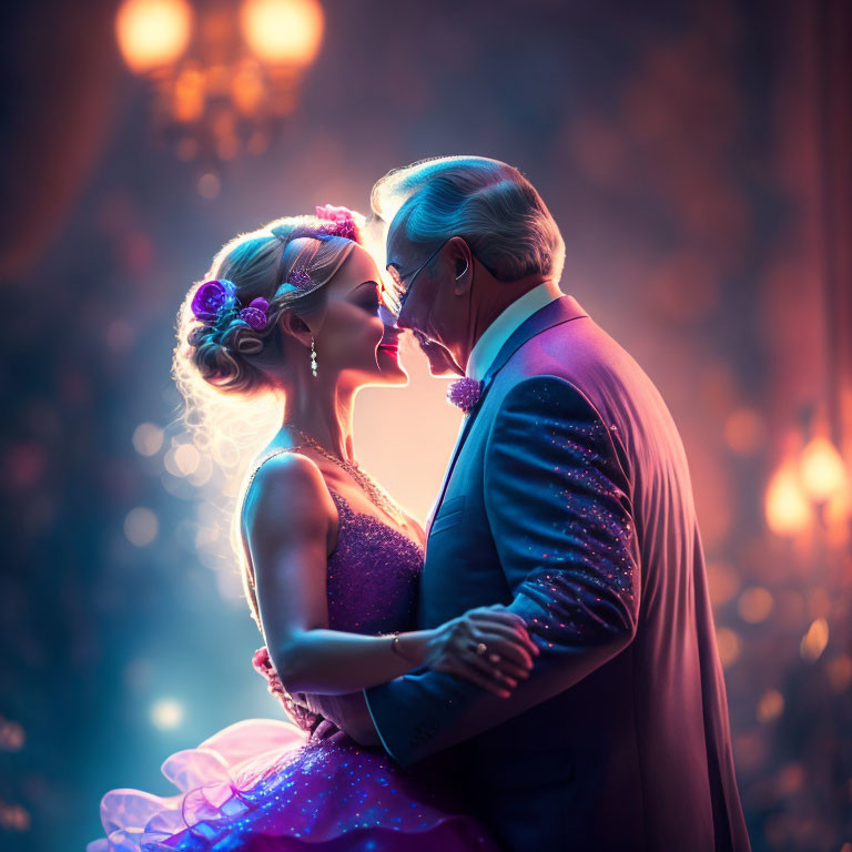 Formal attire couple in romantic backlit scene