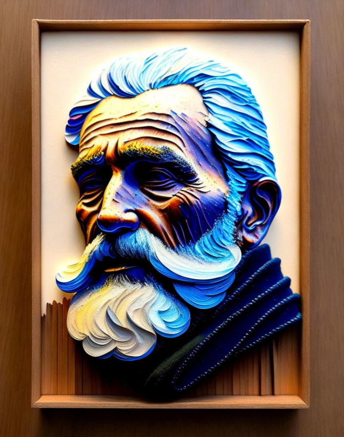 Stylized 3D portrait of older man with blue & white hair on wooden background