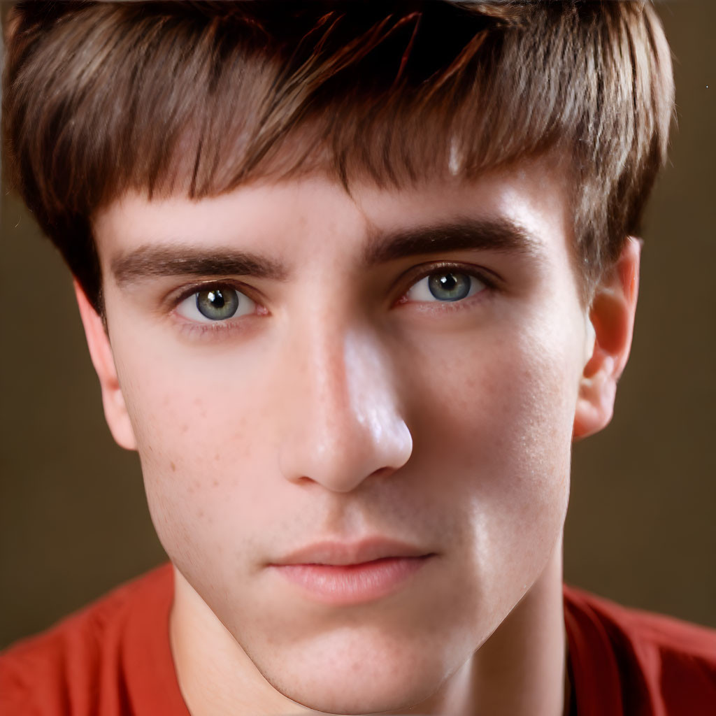 Young man with short brown hair and blue eyes in neutral expression on brown background