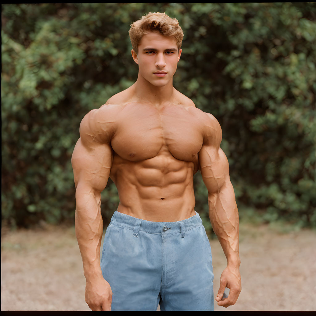 Muscular Blond Man Posing Outdoors in Blue Jeans