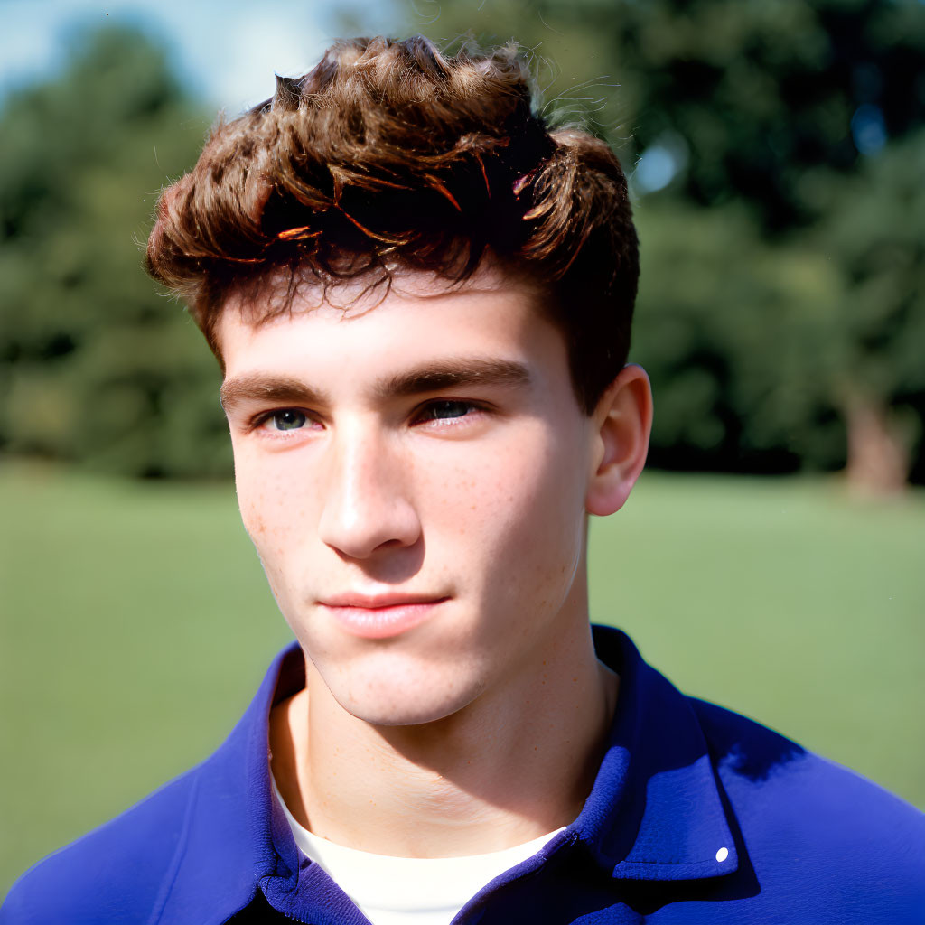 Young man with tousled brown hair and blue polo shirt outdoors