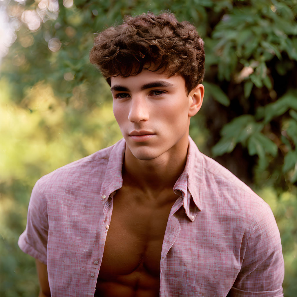 Curly-Haired Young Man in Pink Shirt Contemplates Outdoors