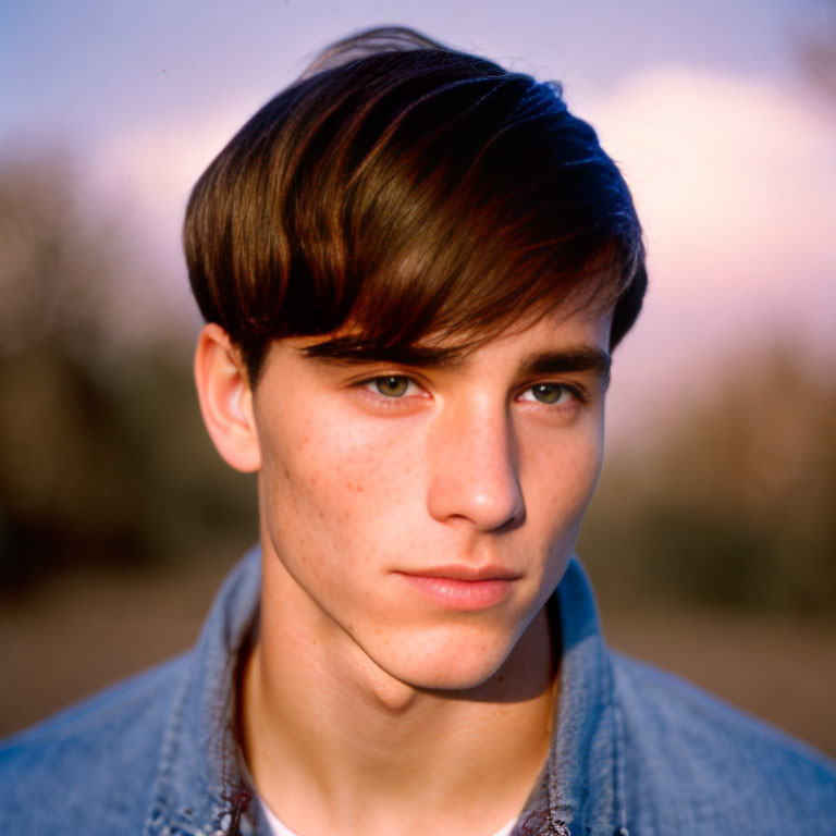 Young male with side-parted brown hair gazes at camera in twilight setting