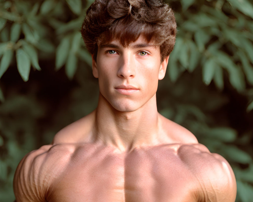 Muscular young man with curly hair in front of leafy background