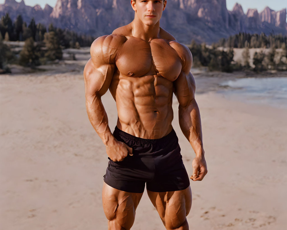 Muscular person posing outdoors against mountain backdrop