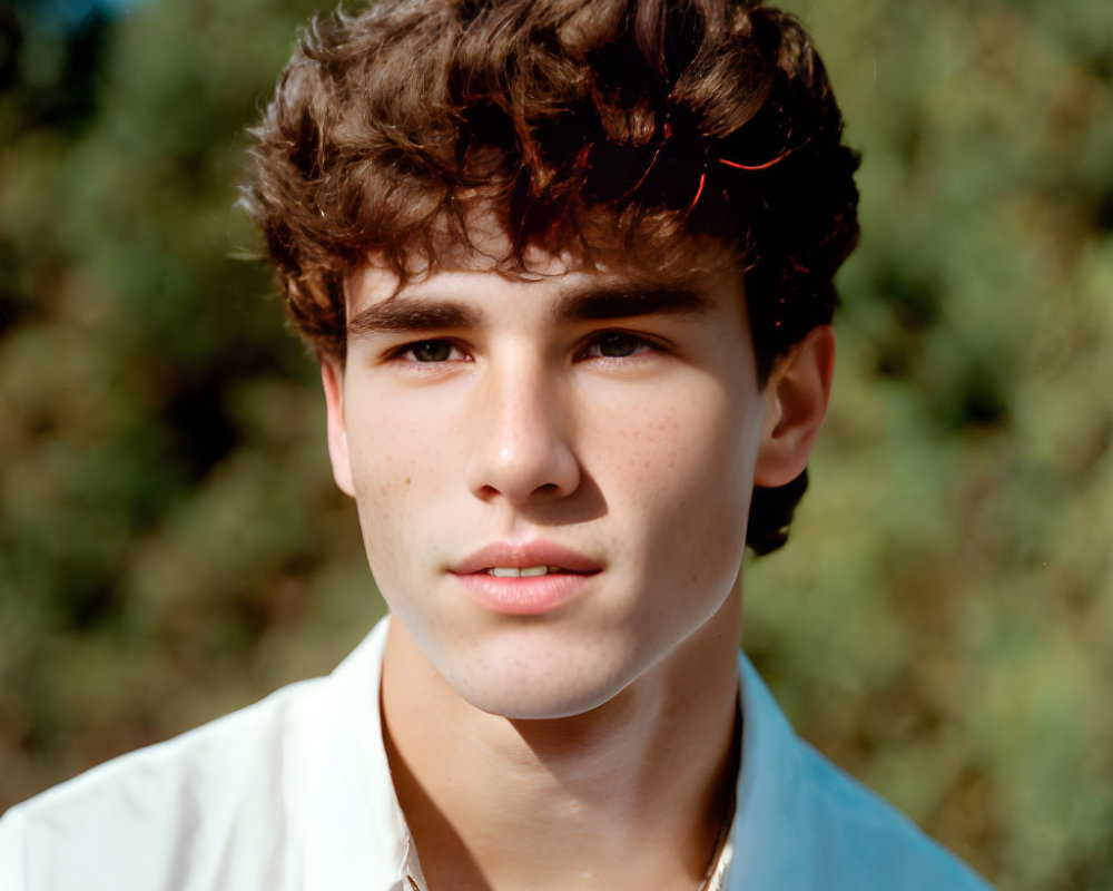 Curly-Haired Young Man Outdoors in White Shirt Portrait