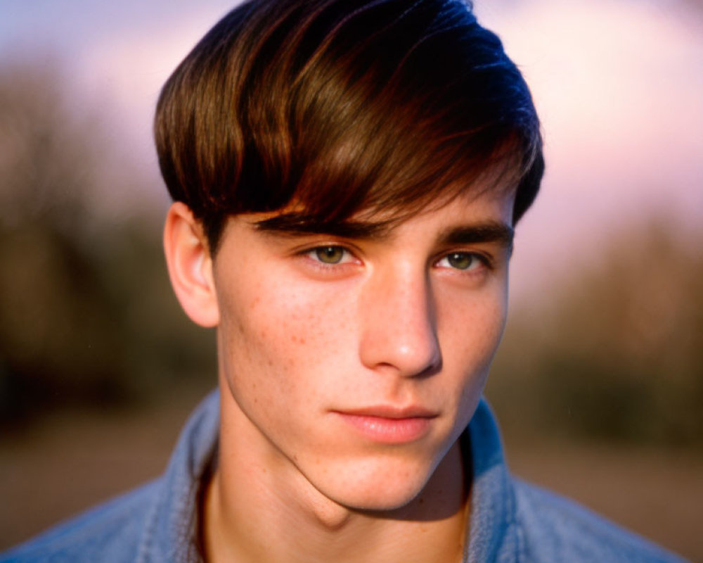 Young male with side-parted brown hair gazes at camera in twilight setting