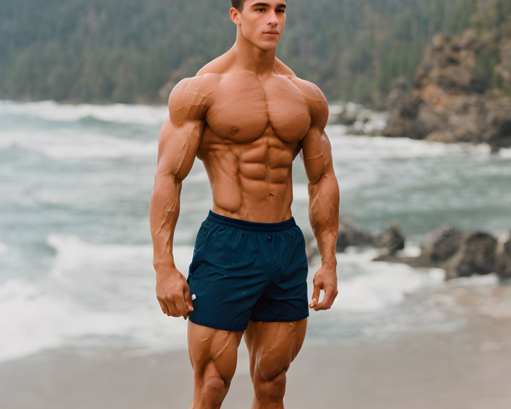 Muscular Man in Blue Shorts on Beach with Waves