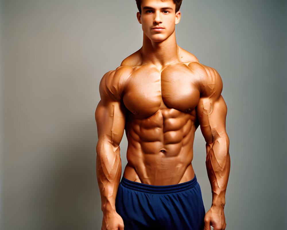 Muscular Man in Blue Shorts Poses on Gray Background