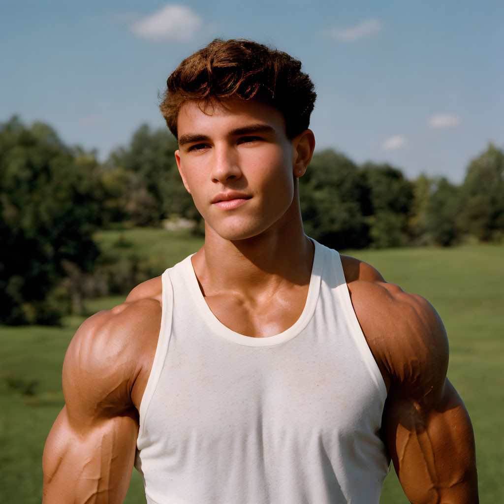 Muscular man in white tank top under clear blue sky