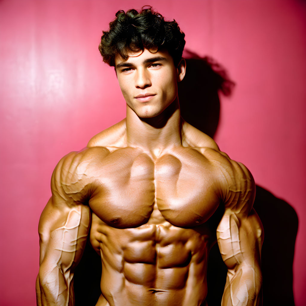 Muscular person with defined abs posing on pink background.