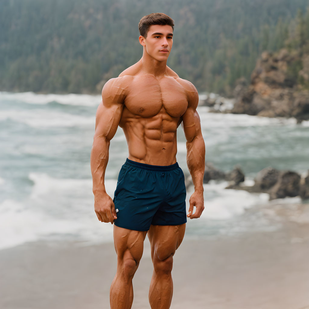 Muscular Man in Blue Shorts on Beach with Waves