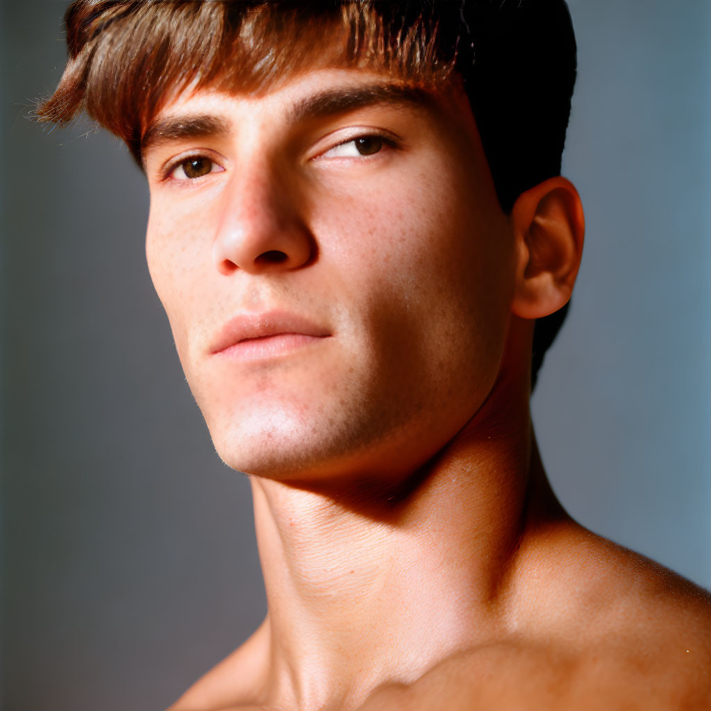 Young man with short hair gazing sideways in close-up shot.