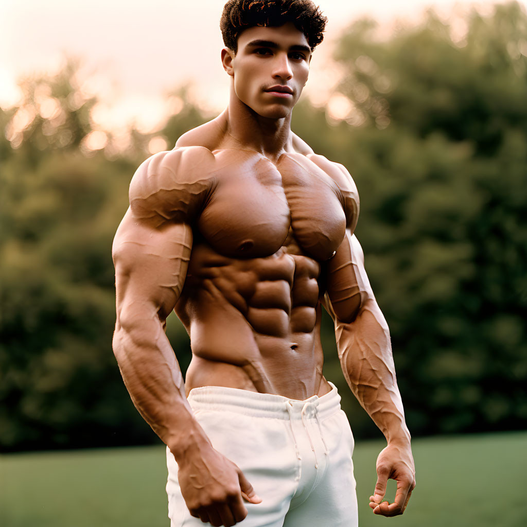 Muscular Man with Defined Abs in White Pants Outdoors