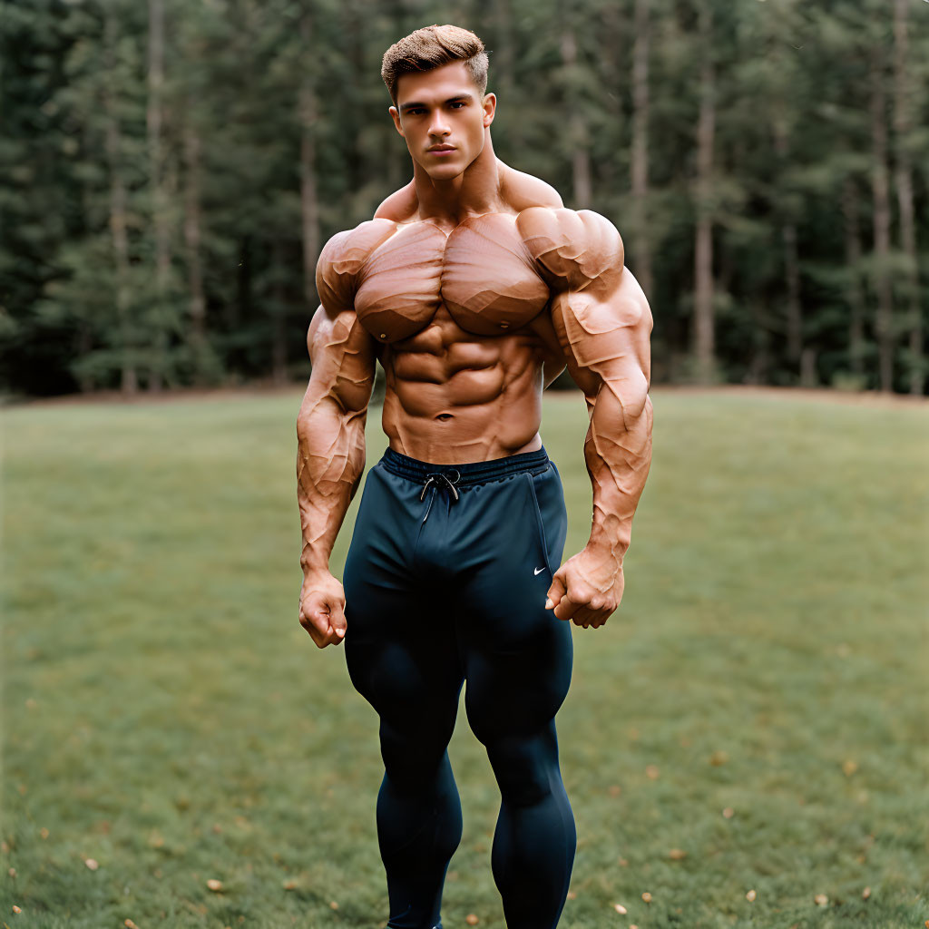 Muscular person with defined abs and pecs in blue pants, standing in forest clearing