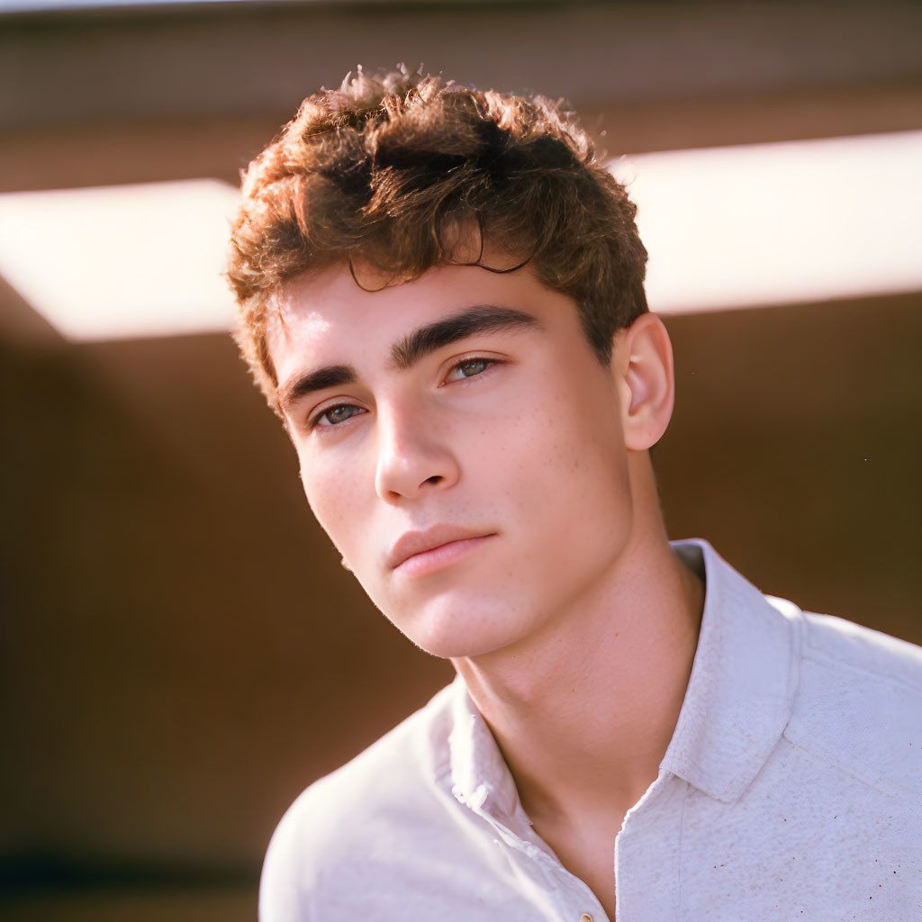 Curly-Haired Young Man in White Shirt Under Soft Light