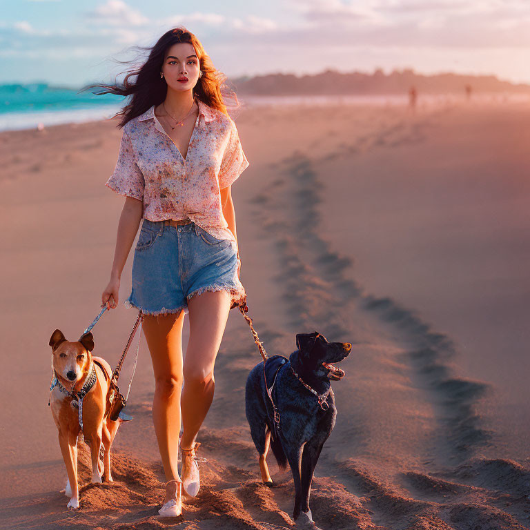 Woman walking two dogs on sandy beach at sunset with hair blowing in breeze