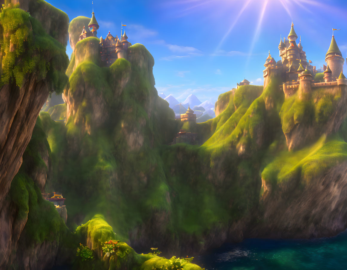 Fantastical landscape with sunlit green cliffs and majestic castles overlooking blue ocean