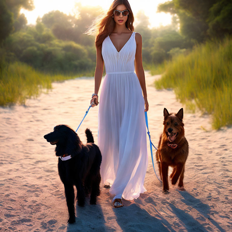 Woman in White Dress Walking Two Dogs at Sunset on Sandy Path