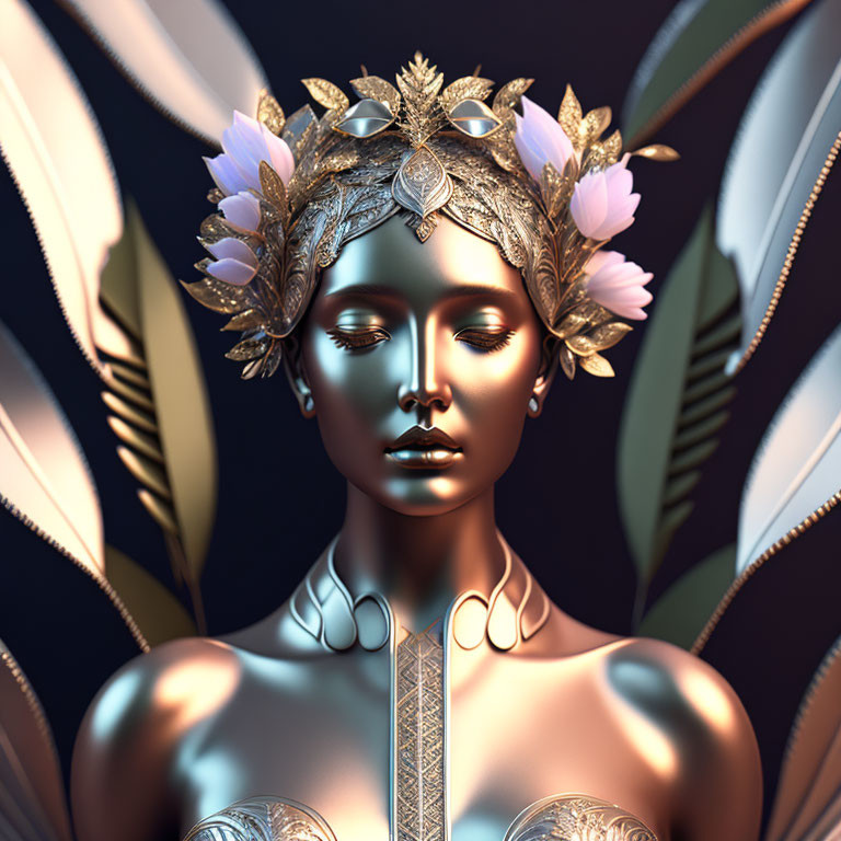 3D Rendered Woman with Metallic Skin and Floral Headpiece on Leafy Background