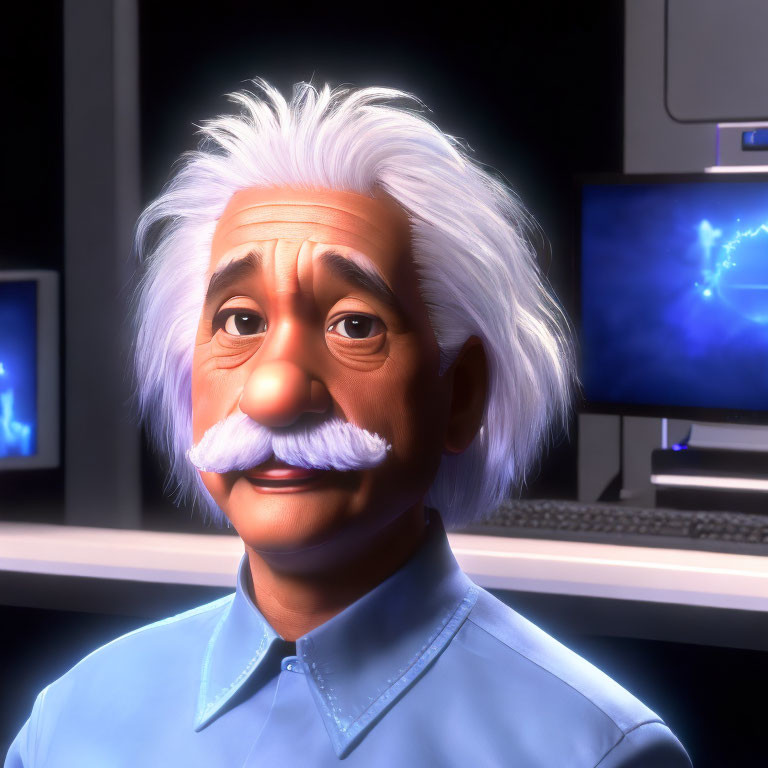 3D animated Einstein-like character with mustache, blue shirt, surrounded by celestial computer screens