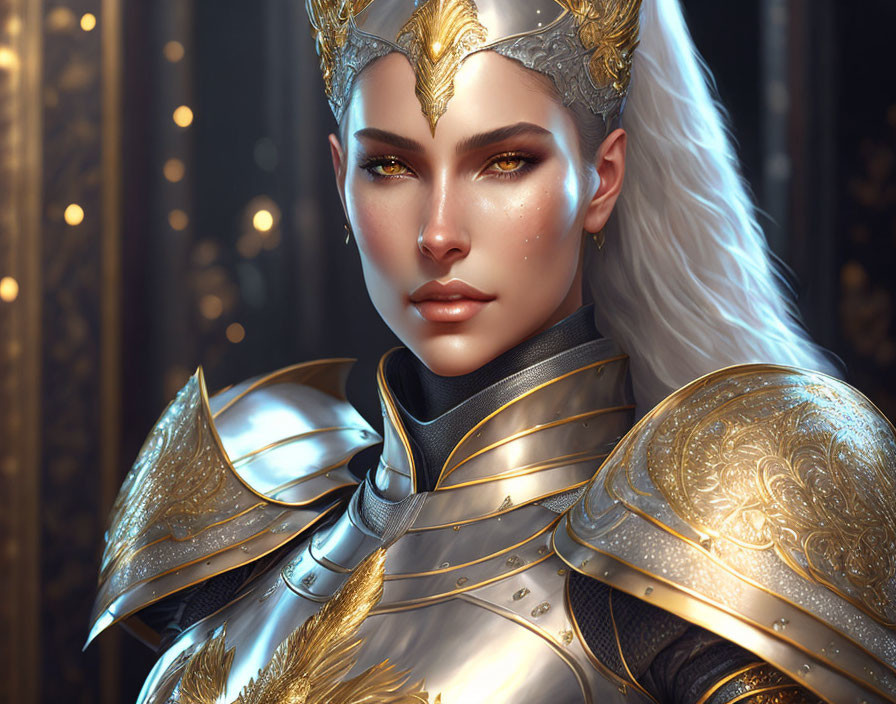 Regal woman in gold-trimmed armor and crown with white hair.