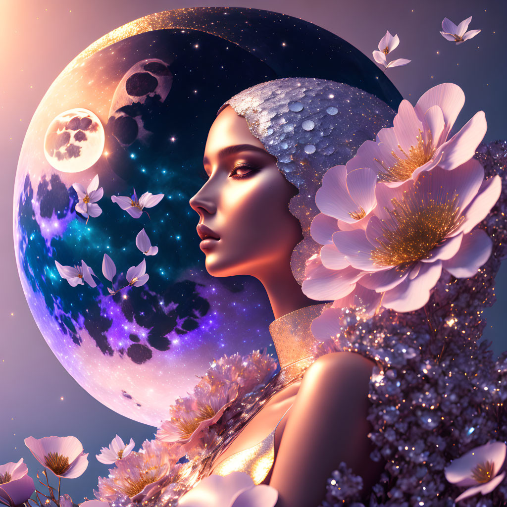 Surreal portrait of woman with moon, flowers, butterflies, and stars