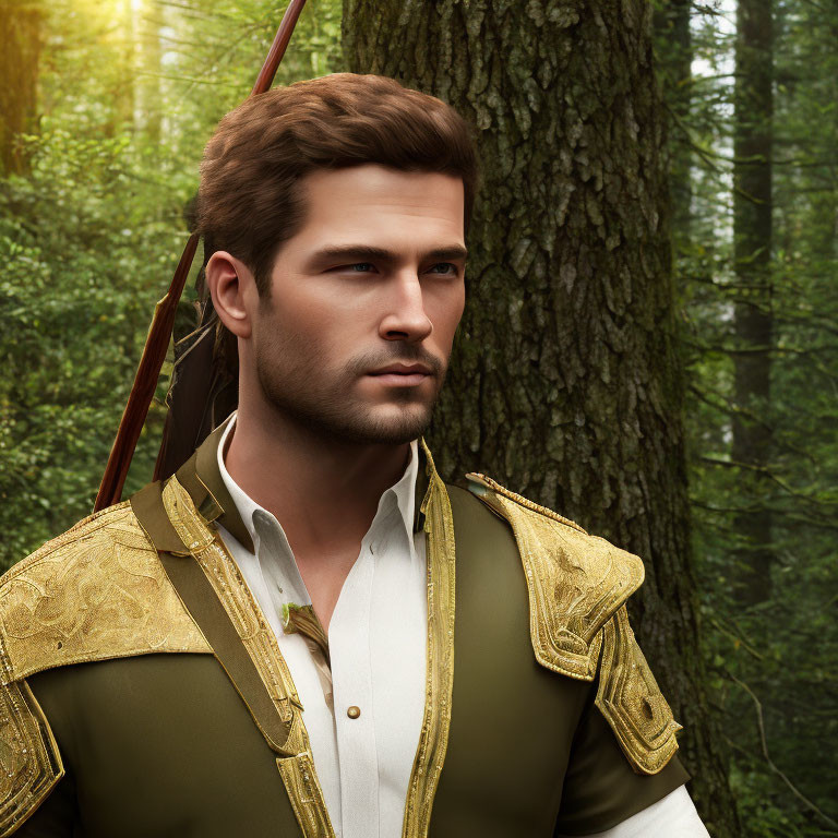 Bearded man in forest with white shirt and ornate shoulder armor