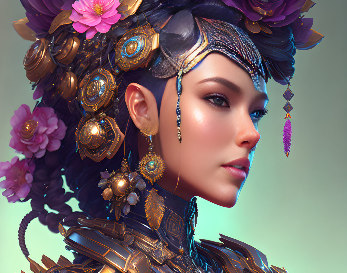 Futuristic digital artwork of a woman with ornate headdress