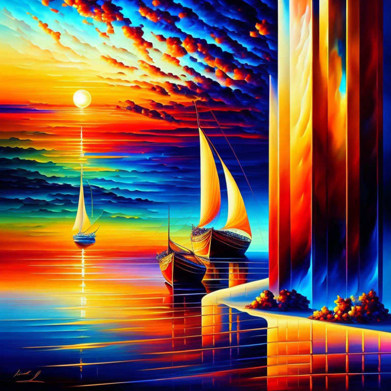 Colorful Sailboat Painting: Shimmering Sea Sunset with Stylized Sky