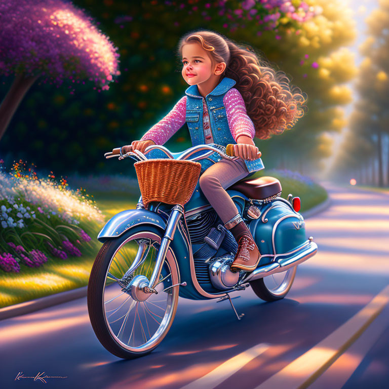 Young girl on classic motorcycle rides through sunlit path with flowing hair.