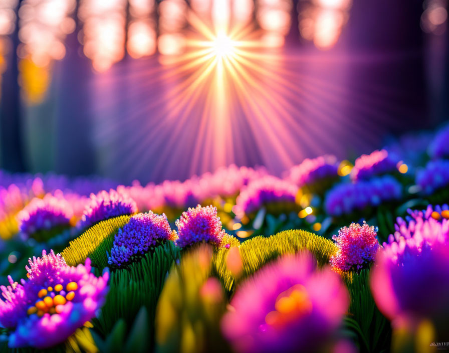 Colorful Flowers Illuminated by Radiant Sunset and Sunbeams