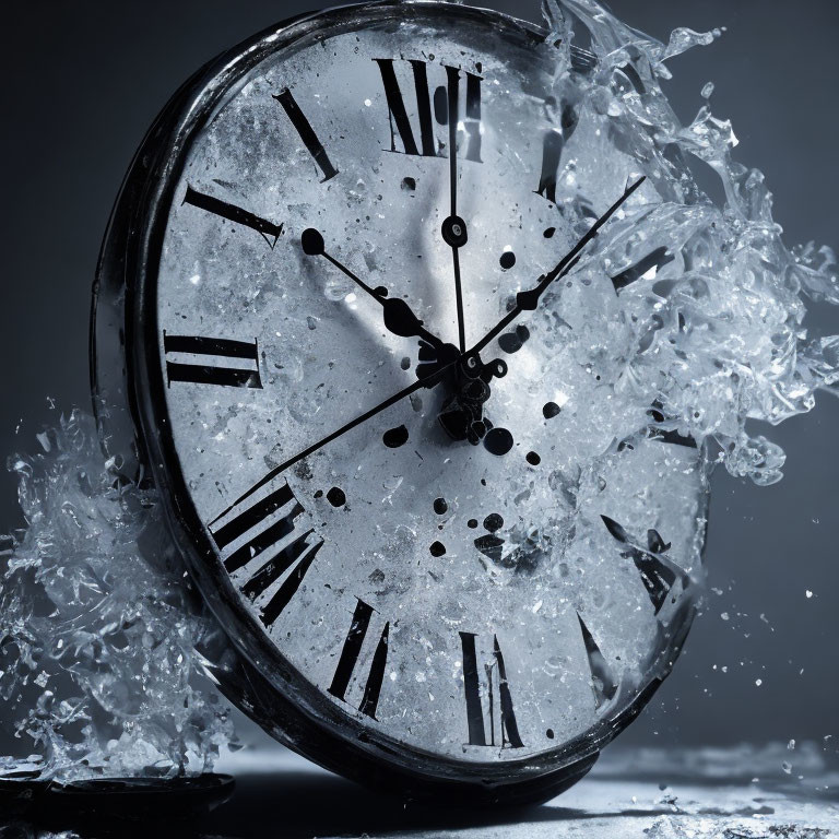 Shattered glass analog clock with splashing water