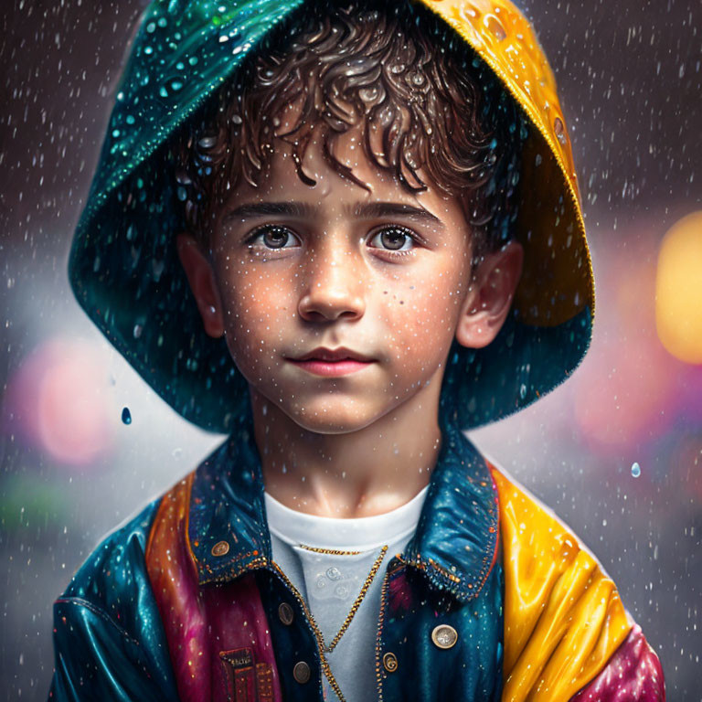 Young boy in colorful raincoat standing in rain with water droplets on face and clothes