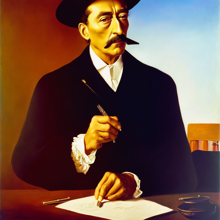 Stylized painting of stern gentleman in hat and suit with mustache, pen, paper, and