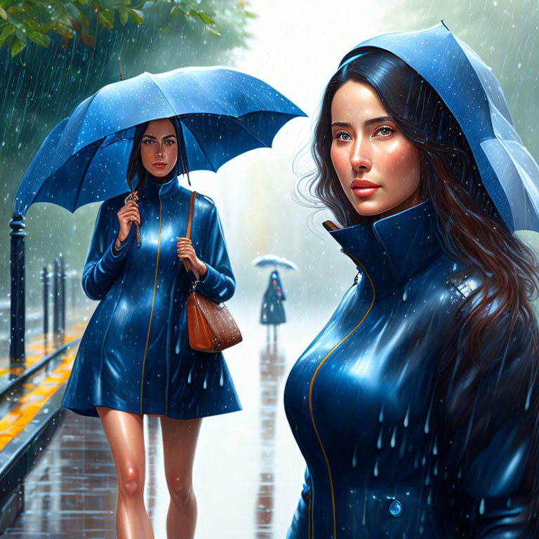 Two women with blue umbrellas on a rainy street, one in sharp detail and the other slightly blurred