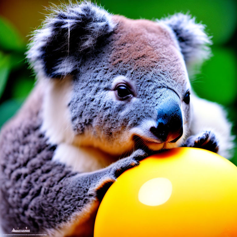 Grey and white koala holding yellow ball with sharp claws, green background.