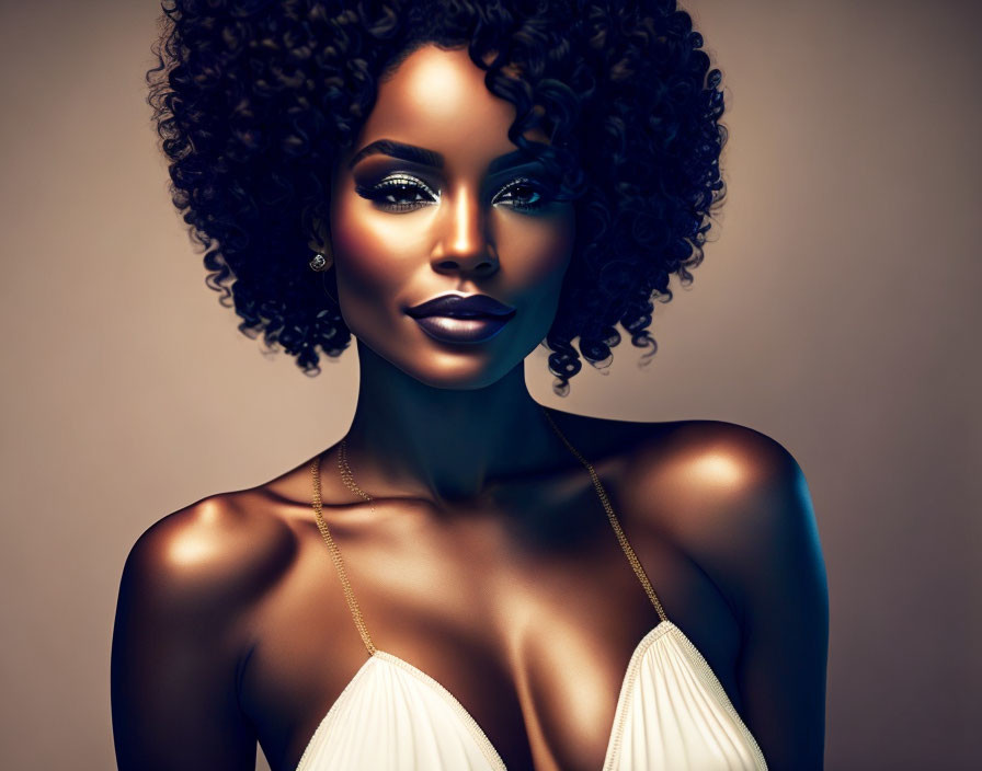 Portrait of woman with voluminous curly hair and dark makeup in white halter-neck top on warm-ton