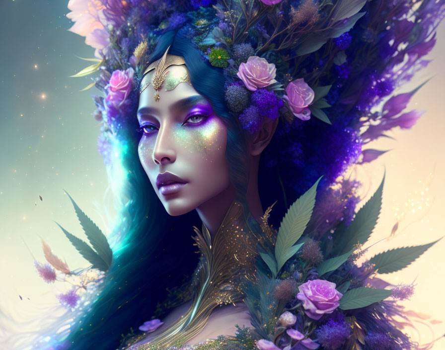 Fantasy portrait of a woman with floral adornments and glitter skin