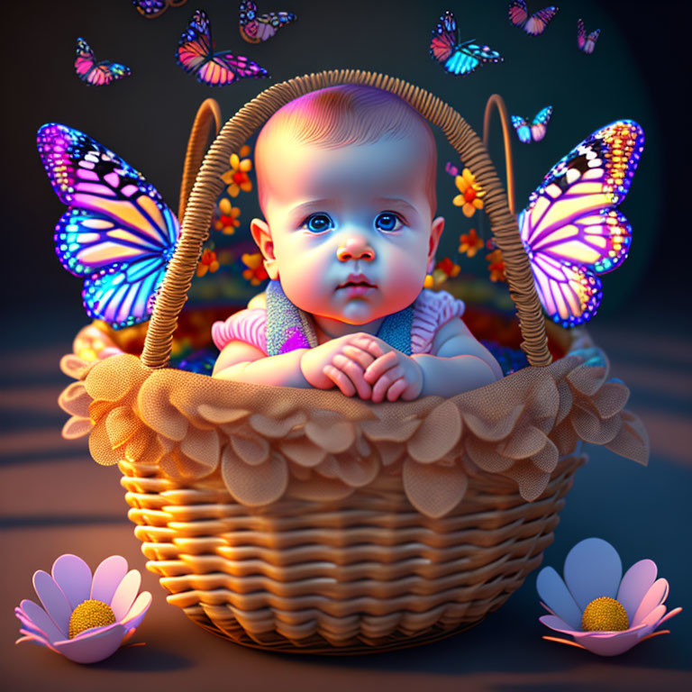 Digital illustration of baby in basket with glowing butterflies and flowers on mystical background