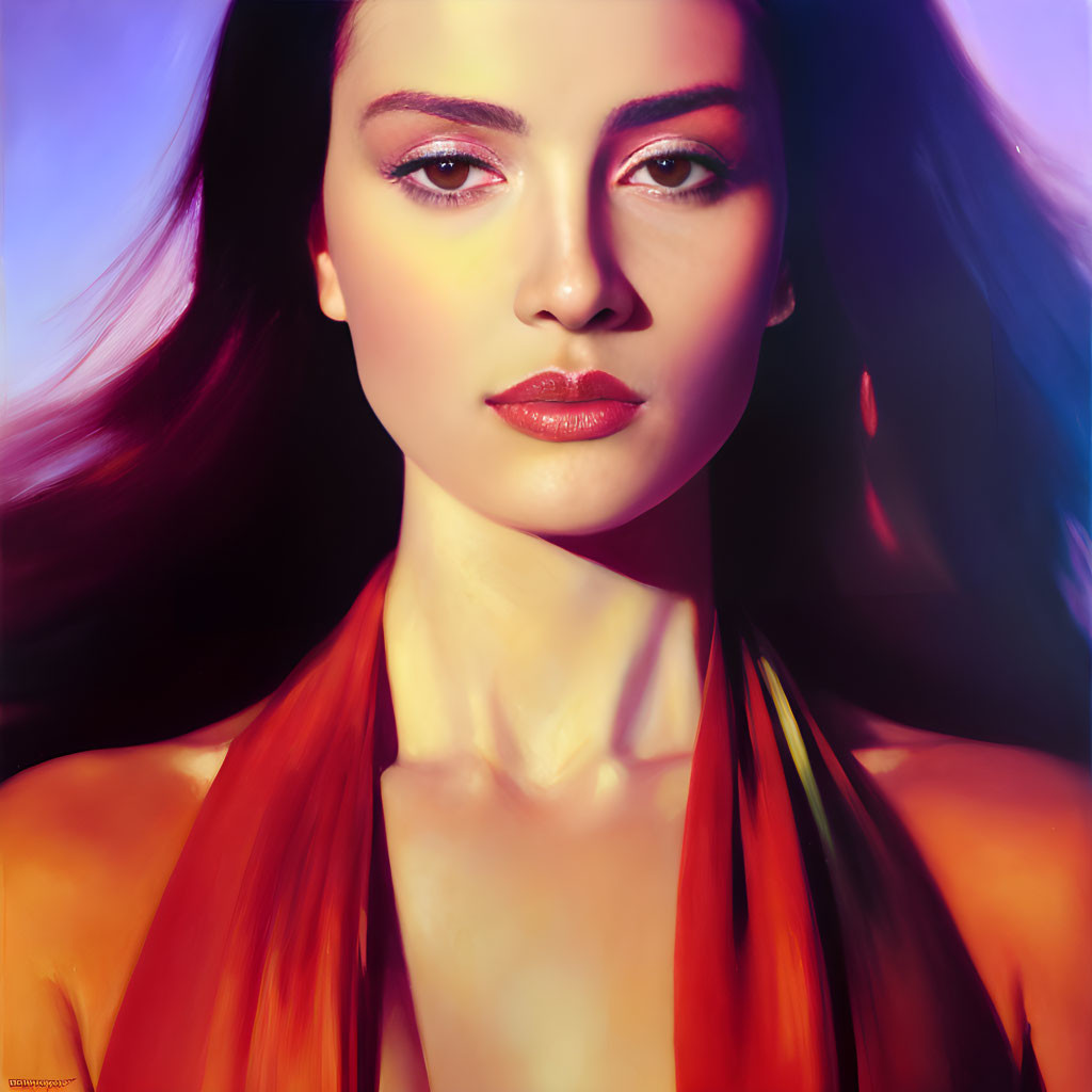 Portrait of woman with dark hair, pronounced cheekbones, neutral makeup, red garment, on purple gradient