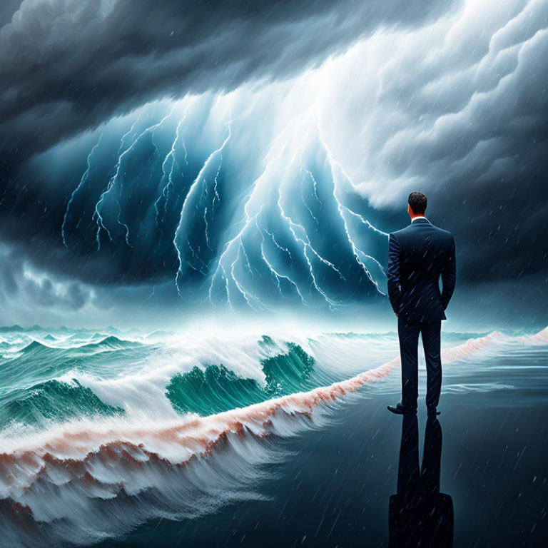 Person in suit gazes at stormy seascape with towering waves and lightning