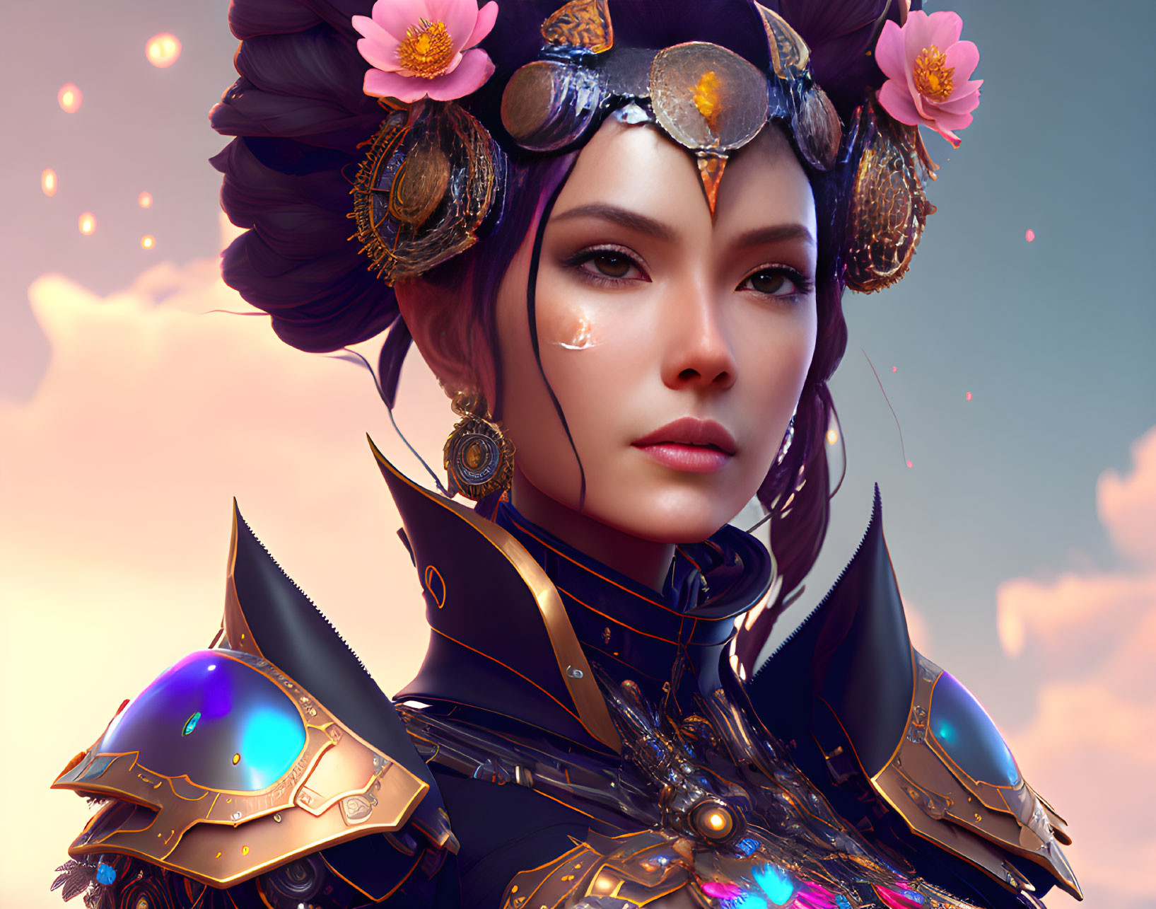 Female character in gold-trimmed black armor with pink flowers.